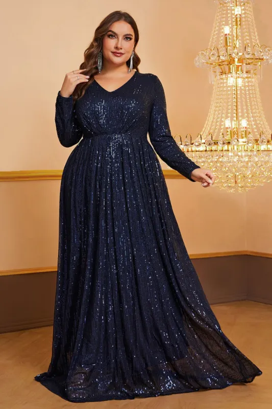 A Line Plus Size Navy V-Neck Long Sequin Prom Dress made by Zapaka