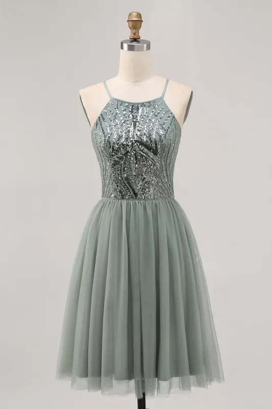 Grey Green A-line Tulle Sequins Short Homecoming Dress with Sequins sold by Zapaka