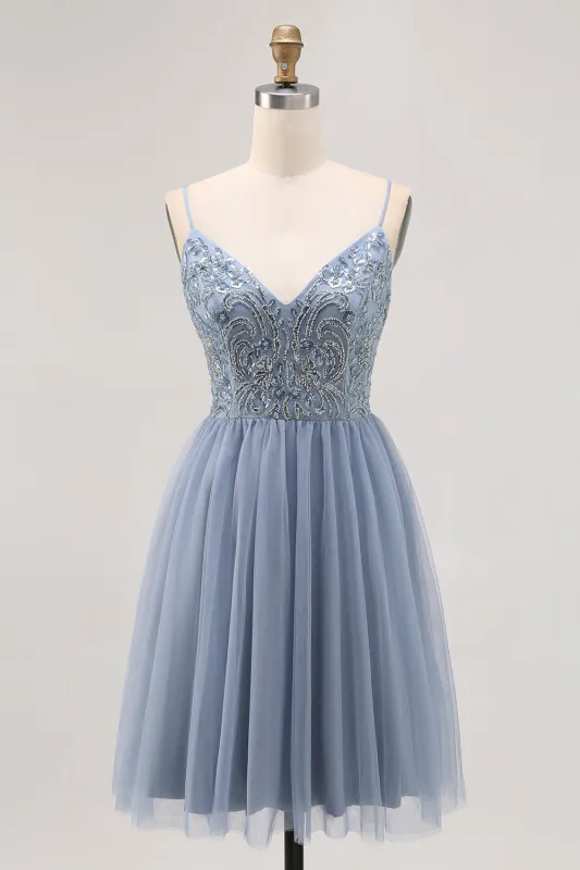 Grey Blue A-line Tulle Short Homecoming Dress with Beading sold by Zapaka