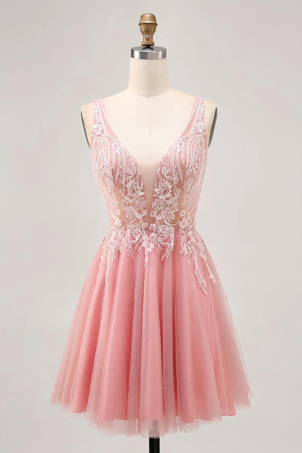 A-line Tulle Blush Sequins Backless Short Homecoming Dress with Beading sold by Zapaka