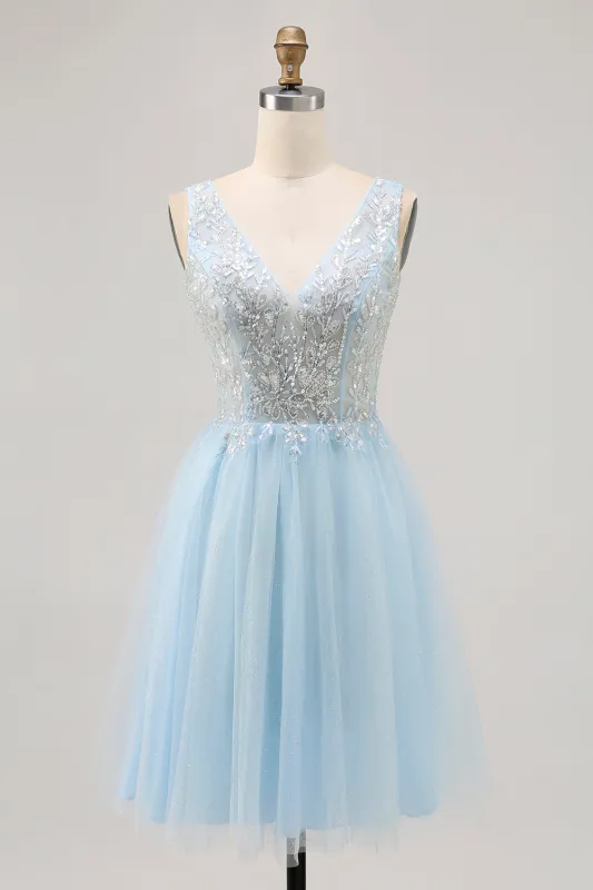 Sparkly Blue A-line Tulle Short Homecoming Dress with Sequins sold by Zapaka