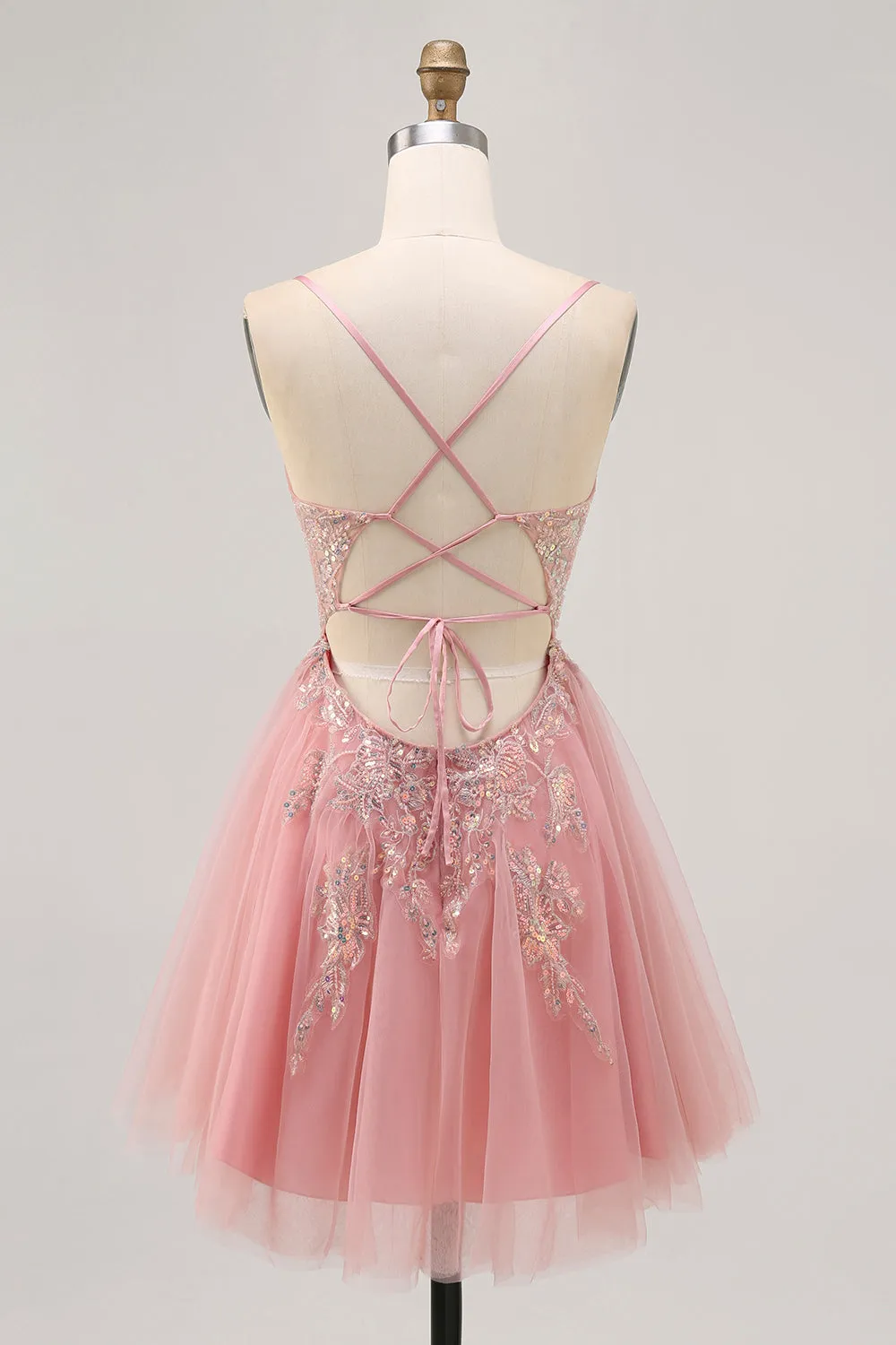 Sparkly Blush A-line Tulle Sequins Short Homecoming Dress with Lace Up Back sold by Zapaka product image thumbnail 2