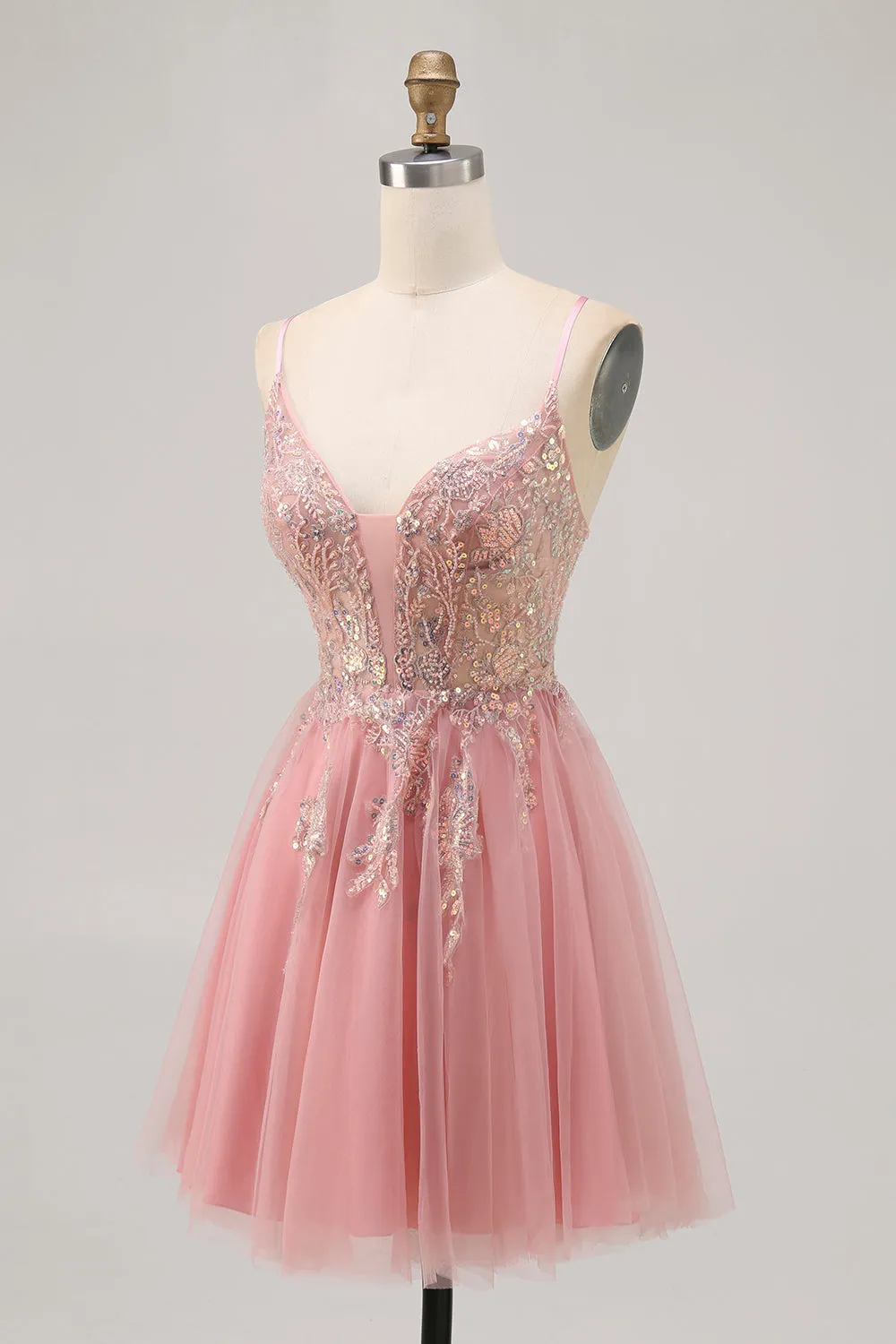 Sparkly Blush A-line Tulle Sequins Short Homecoming Dress with Lace Up Back sold by Zapaka product image thumbnail 3