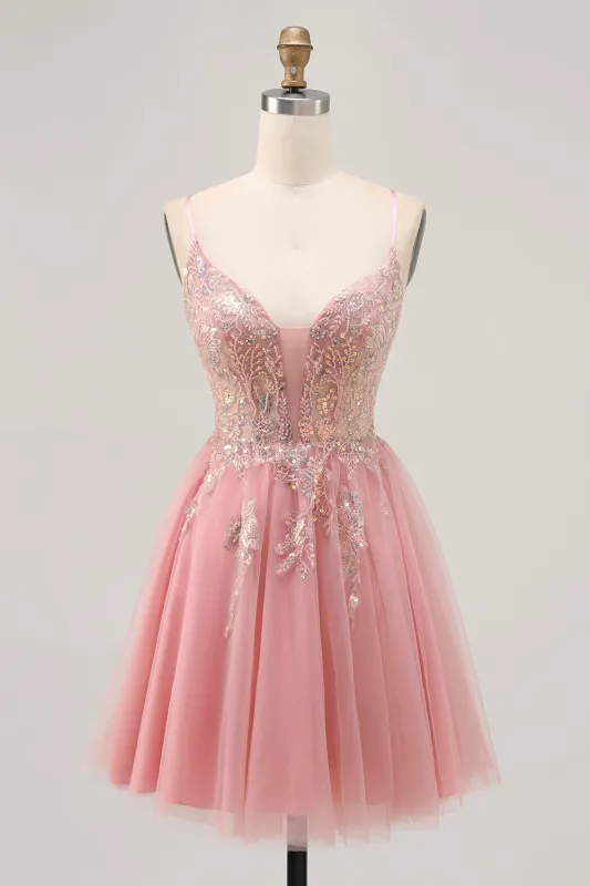 Sparkly Blush A-line Tulle Sequins Short Homecoming Dress with Lace Up Back sold by Zapaka