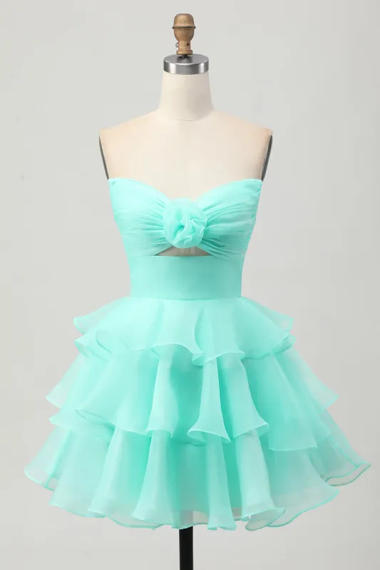 Cute A-line Strapless Cut Out Tiered Green Short Homecoming Dress sold by Zapaka