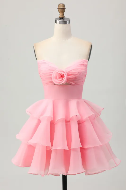 Cute Blush A-Line Strapless Cut Out Tiered Short Homecoming Dress sold by Zapaka