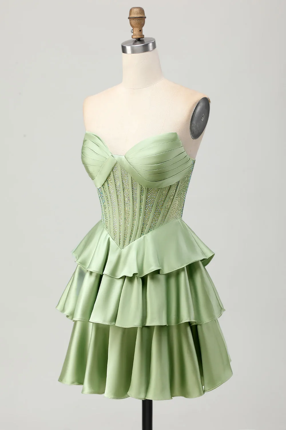 Green A-line Strapless Tiered Corset Beaded Homecoming Dress sold by Zapaka product image thumbnail 3