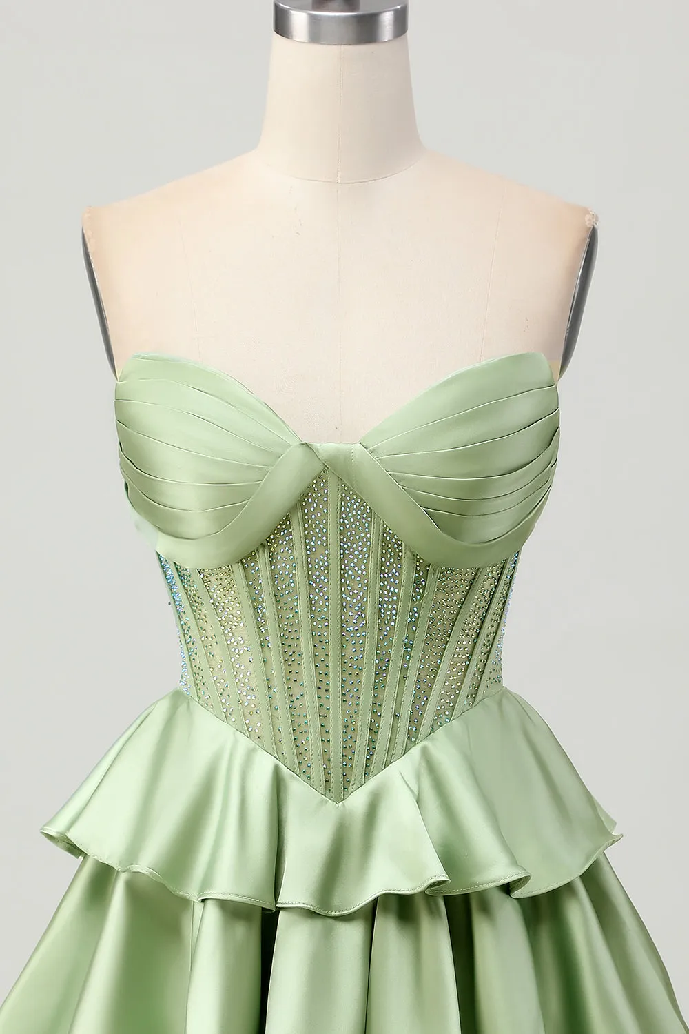 Green A-line Strapless Tiered Corset Beaded Homecoming Dress sold by Zapaka product image thumbnail 4