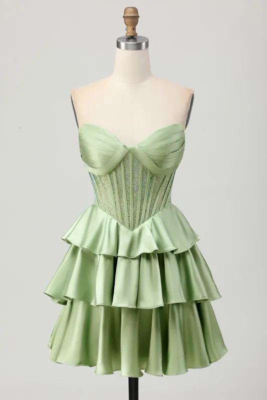 Green A-line Strapless Tiered Corset Beaded Homecoming Dress sold by Zapaka
