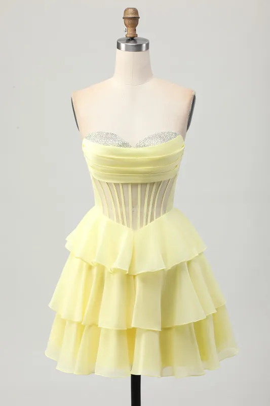 Yellow A-Line Strapless Tiered Corset Homecoming Dress with Beading sold by Zapaka