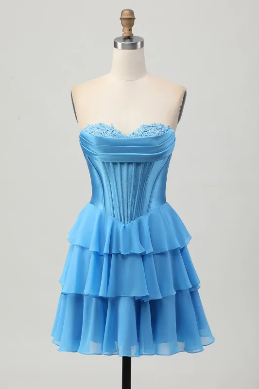 Blue Tiered Corset A Line Strapless Short Homecoming Dress sold by Zapaka