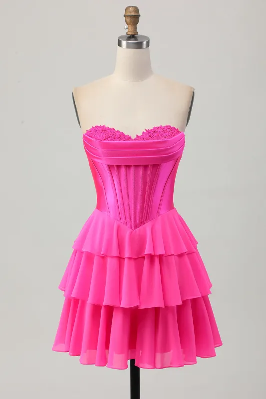 Fuchsia Strapless Corset Tiered A Line Short Homecoming Dress made by Zapaka