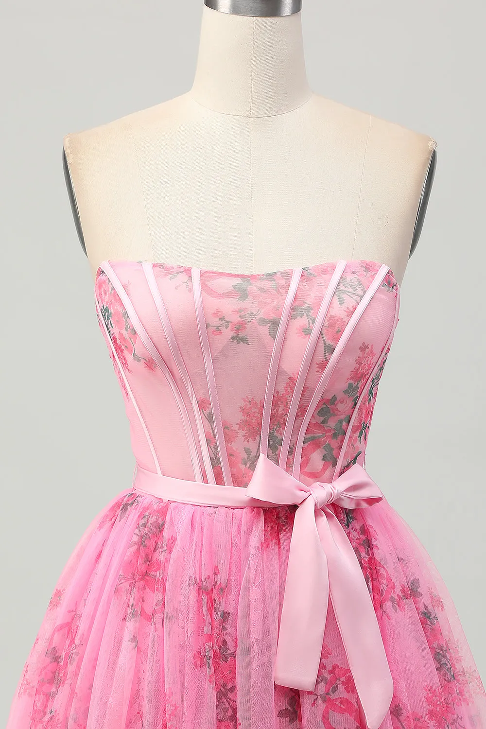 Pink Flower Strapless Corset Short Homecoming Dress with Bow sold by Zapaka product image thumbnail 4