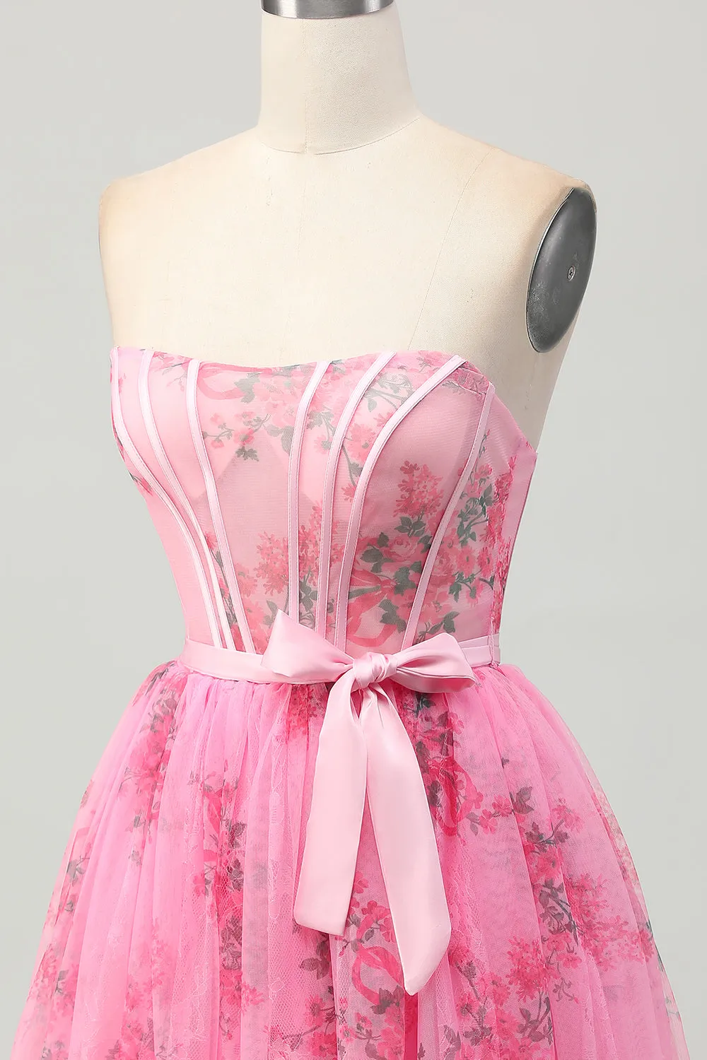 Pink Flower Strapless Corset Short Homecoming Dress with Bow sold by Zapaka product image thumbnail 5