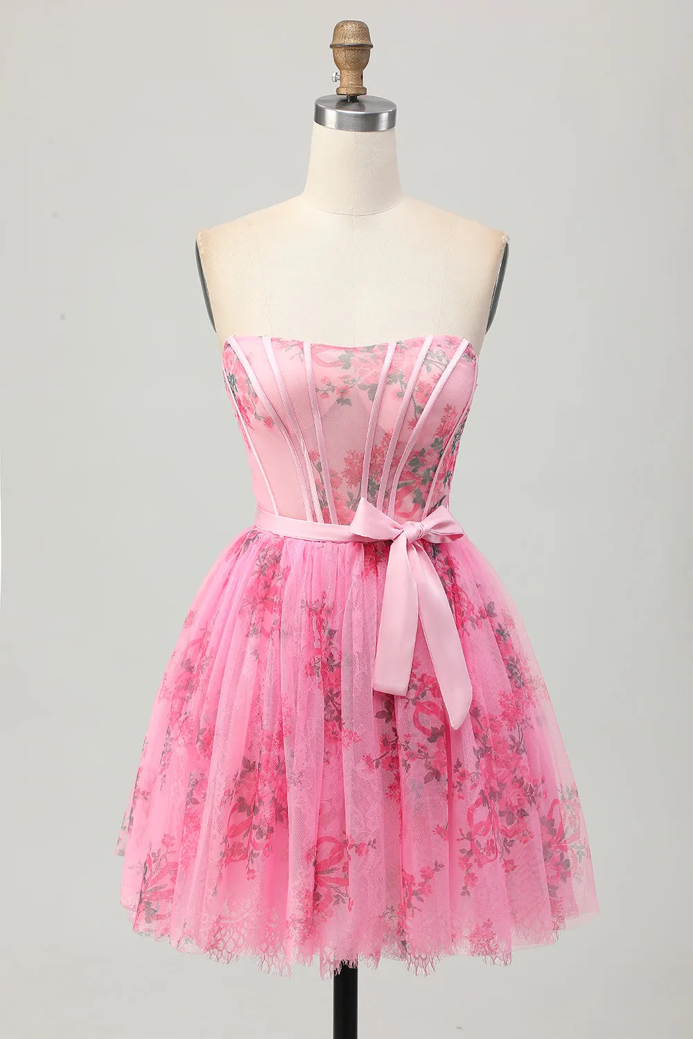 Pink Flower Strapless Corset Short Homecoming Dress with Bow sold by Zapaka