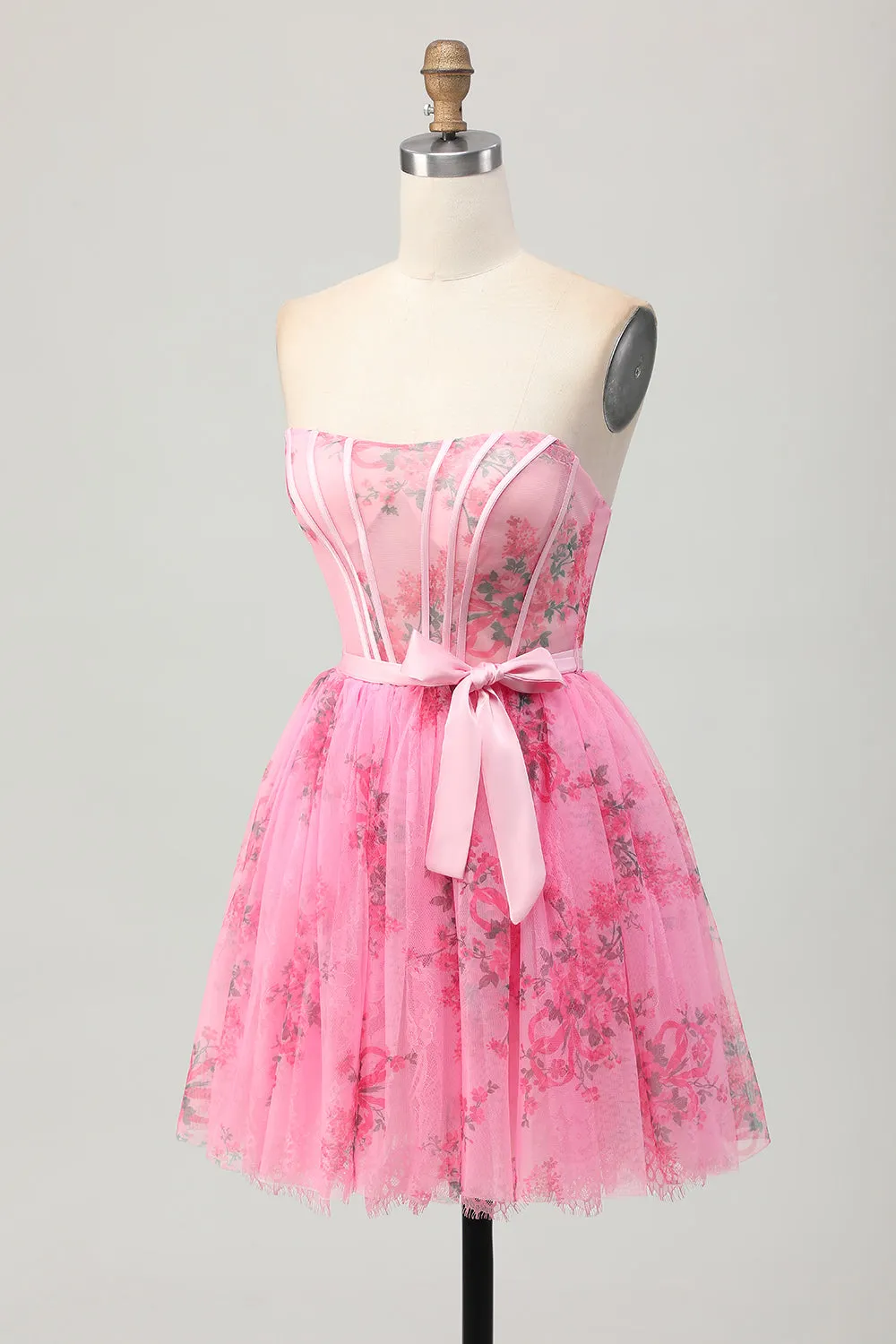 Pink Flower Strapless Corset Short Homecoming Dress with Bow sold by Zapaka product image thumbnail 3