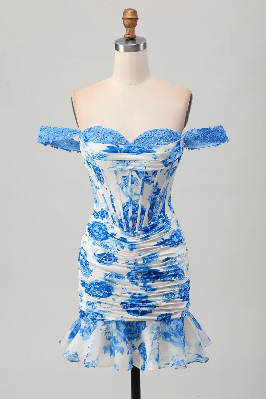 White Blue Flower Off the Shoulder Corset Short Homecoming Dress with Ruffles sold by Zapaka