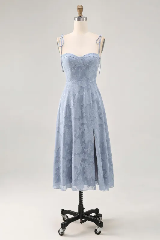 Dusty Blue A Line Midi Spaghetti Straps Wedding Guest Dress with Slit sold by Zapaka