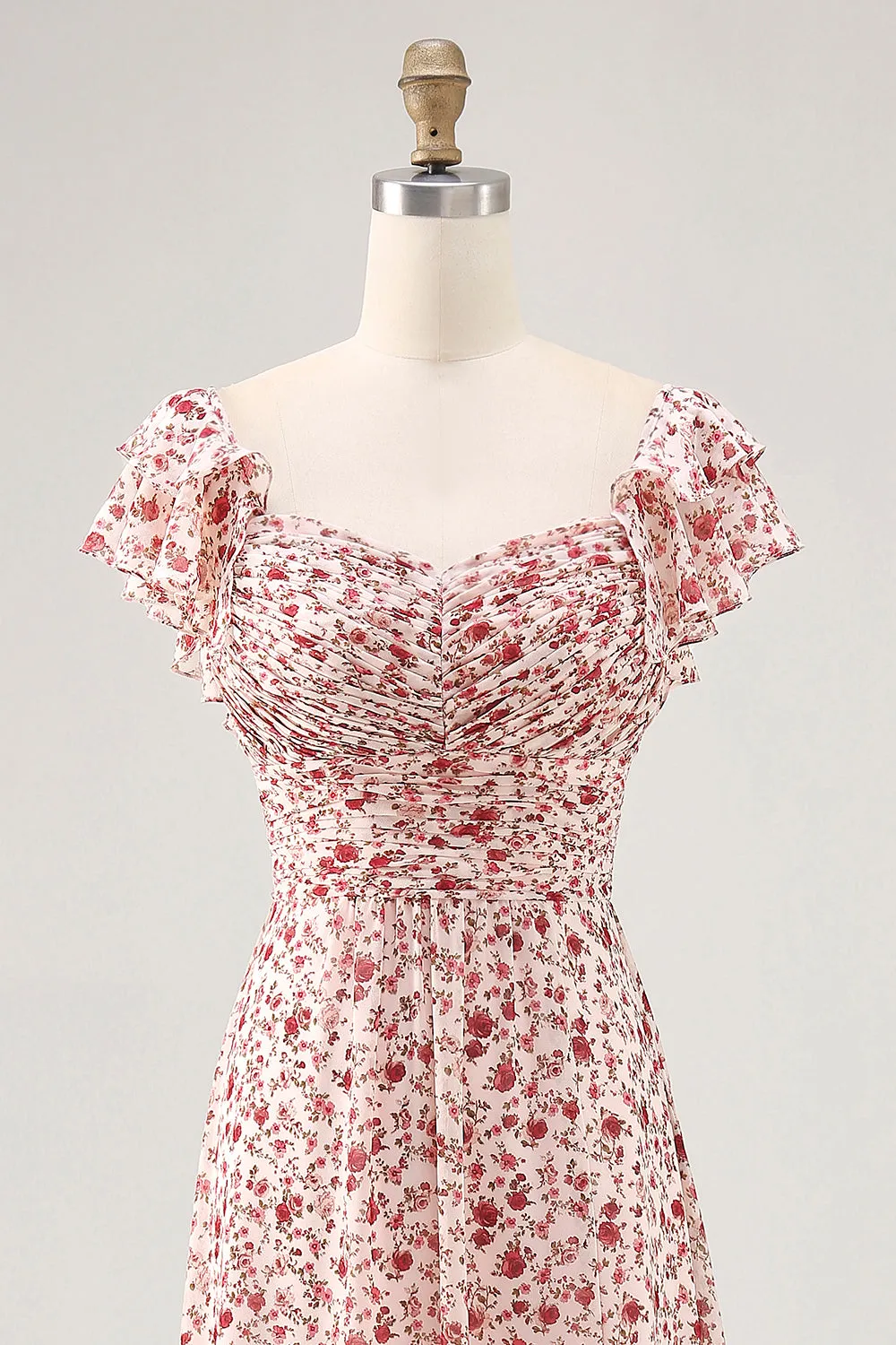 Blush Flower Printed Ruched A Line Wedding Guest Dress with Slit sold by Zapaka product image thumbnail 4