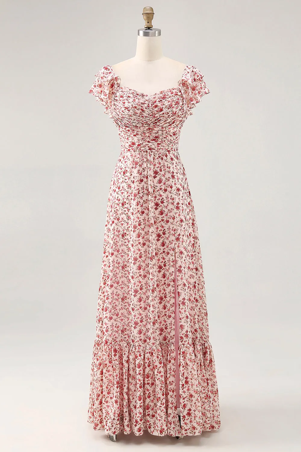 Blush Flower Printed Ruched A Line Wedding Guest Dress with Slit sold by Zapaka