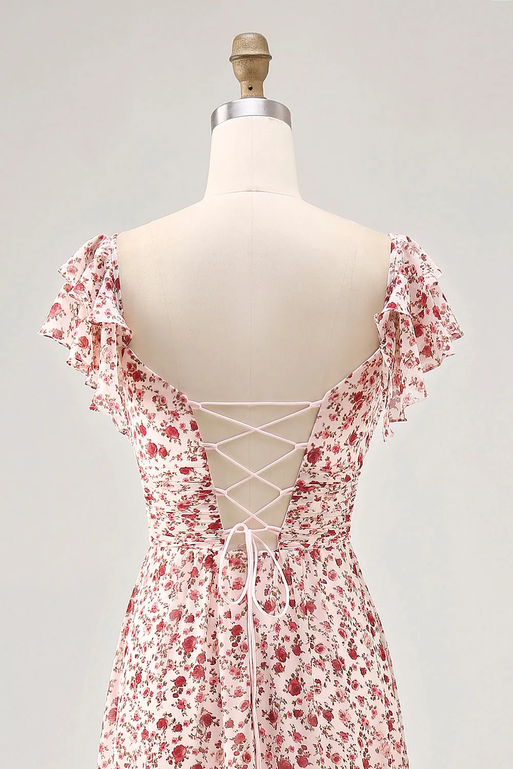 Blush Flower Printed Ruched A Line Wedding Guest Dress with Slit sold by Zapaka product image thumbnail 5