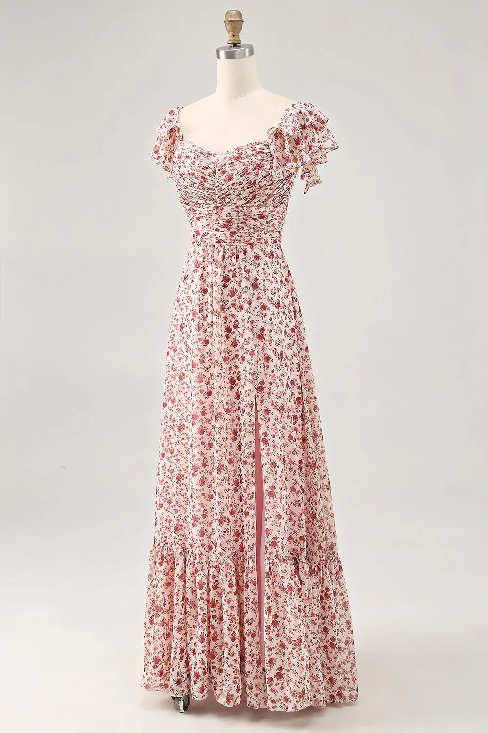 Blush Flower Printed Ruched A Line Wedding Guest Dress with Slit sold by Zapaka product image thumbnail 3