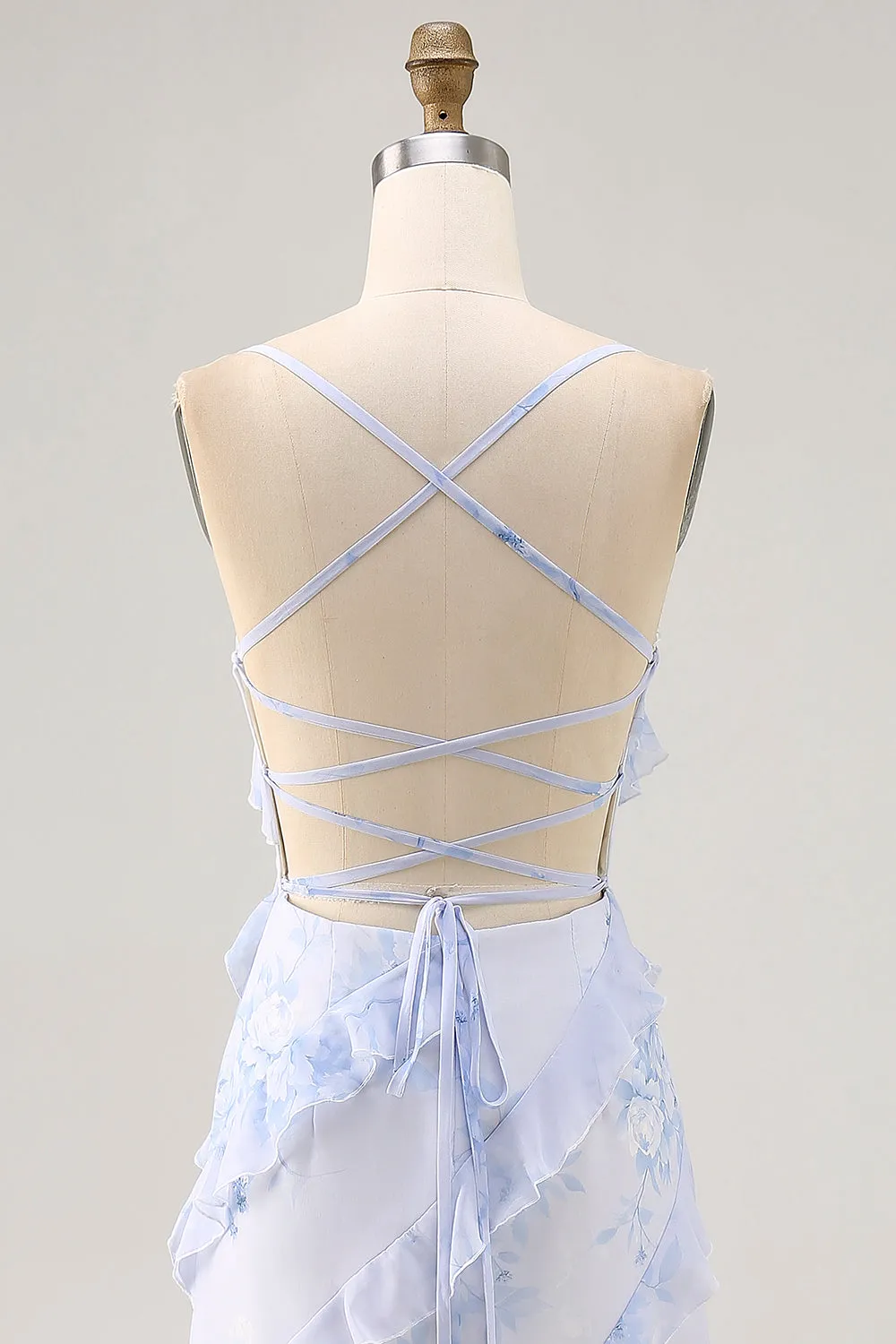 Blue Flower Spaghetti Straps Printed Wedding Guest Dress with Ruffles sold by Zapaka product image thumbnail 5