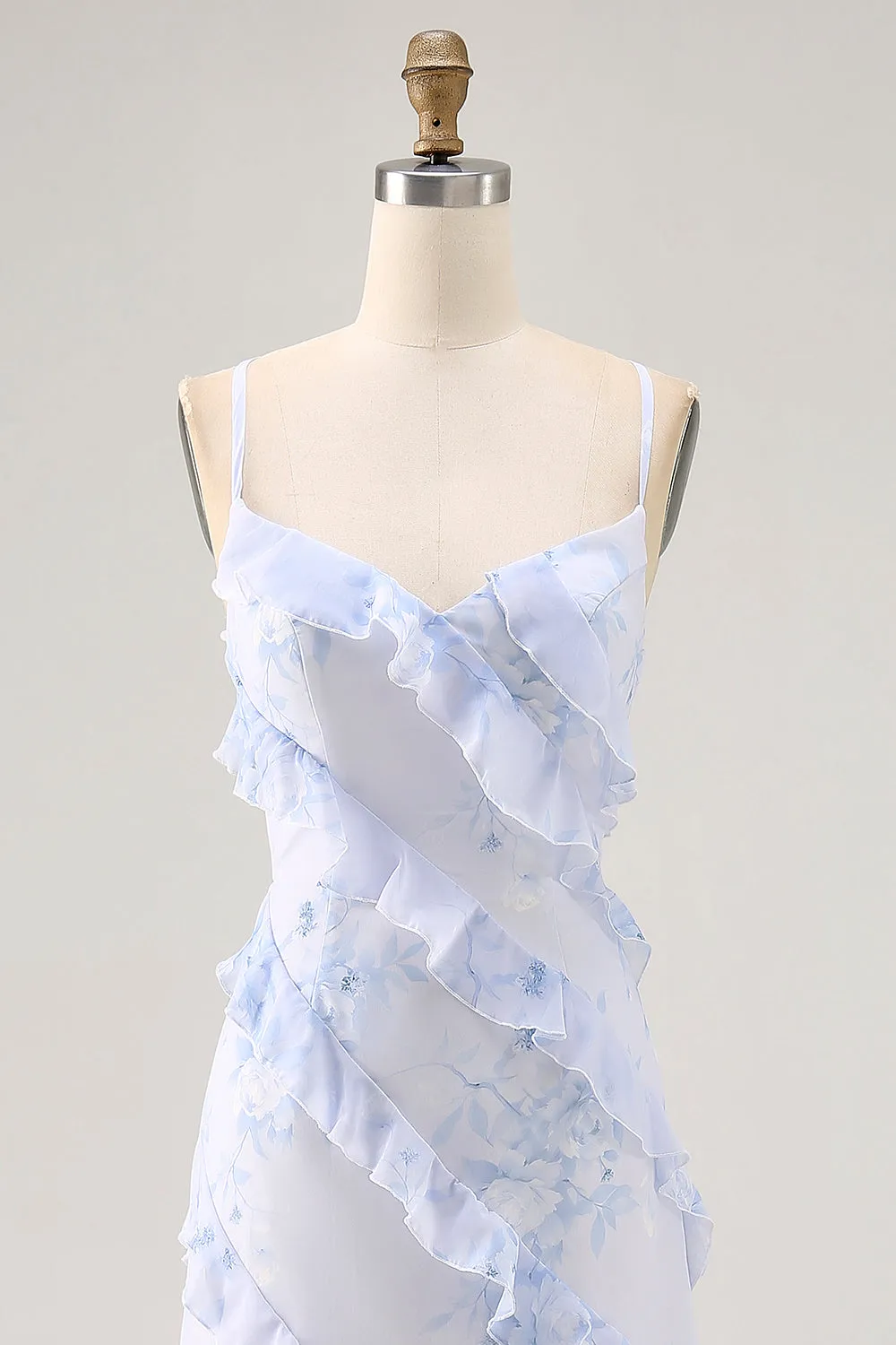 Blue Flower Spaghetti Straps Printed Wedding Guest Dress with Ruffles sold by Zapaka product image thumbnail 4
