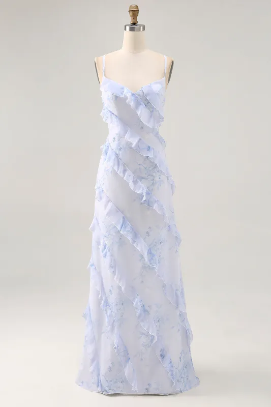 Blue Flower Spaghetti Straps Printed Wedding Guest Dress with Ruffles sold by Zapaka