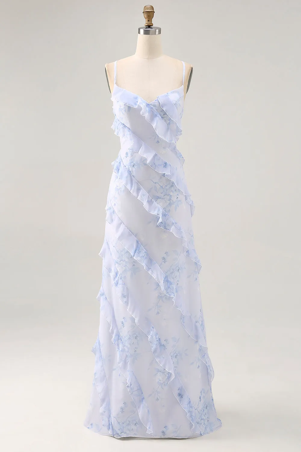 Blue Flower Spaghetti Straps Printed Wedding Guest Dress with Ruffles sold by Zapaka
