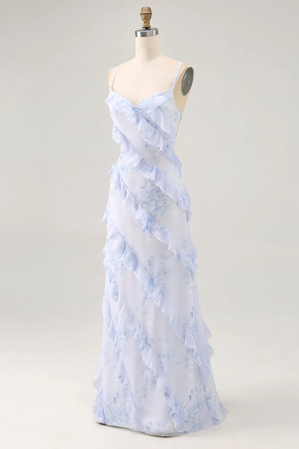 Blue Flower Spaghetti Straps Printed Wedding Guest Dress with Ruffles sold by Zapaka product image thumbnail 3