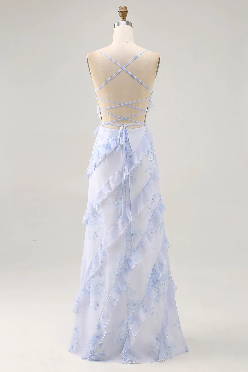 Blue Flower Spaghetti Straps Printed Wedding Guest Dress with Ruffles sold by Zapaka product image thumbnail 2