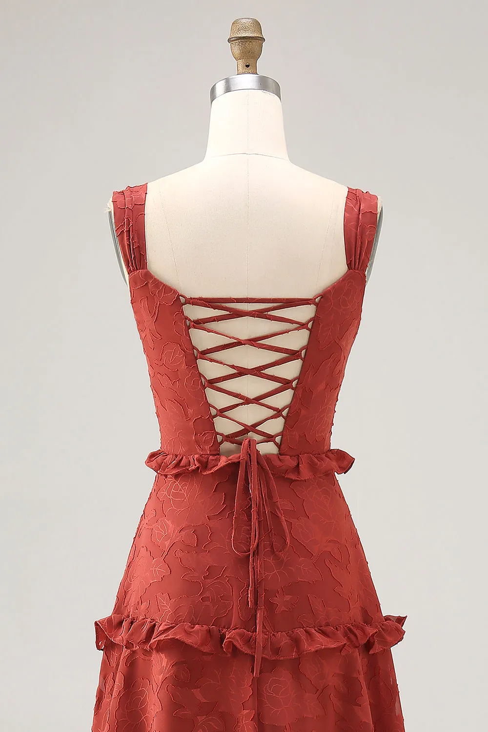 Floral Terracotta Ruffled A Line Long Wedding Guest Dress sold by Zapaka product image thumbnail 5