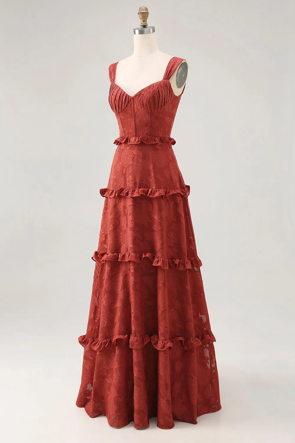 Floral Terracotta Ruffled A Line Long Wedding Guest Dress sold by Zapaka product image thumbnail 3