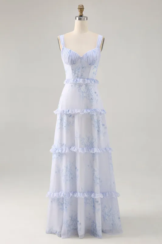 Blue Flower Ruffled Printed A Line Long Wedding Guest Dress sold by Zapaka