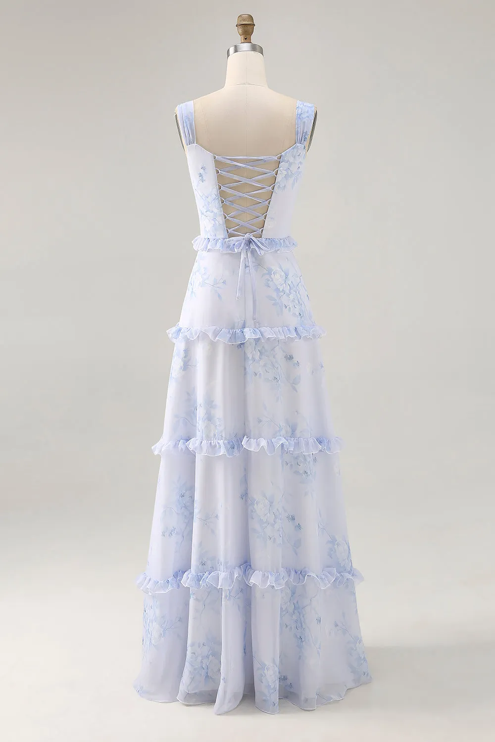 Blue Flower Ruffled Printed A Line Long Wedding Guest Dress sold by Zapaka product image thumbnail 2