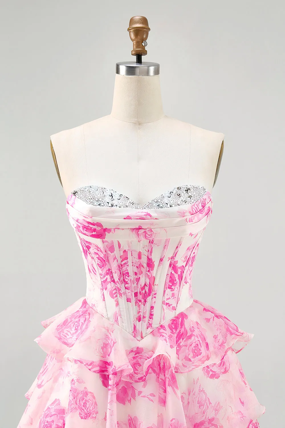 Pink Flower Strapless Corset Printed Homecoming Dress with Sequins sold by Zapaka product image thumbnail 4