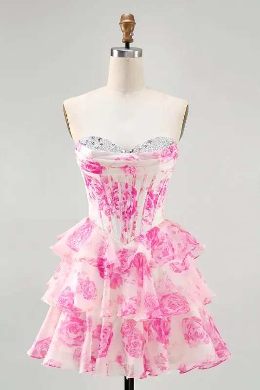 Pink Flower Strapless Corset Printed Homecoming Dress with Sequins sold by Zapaka