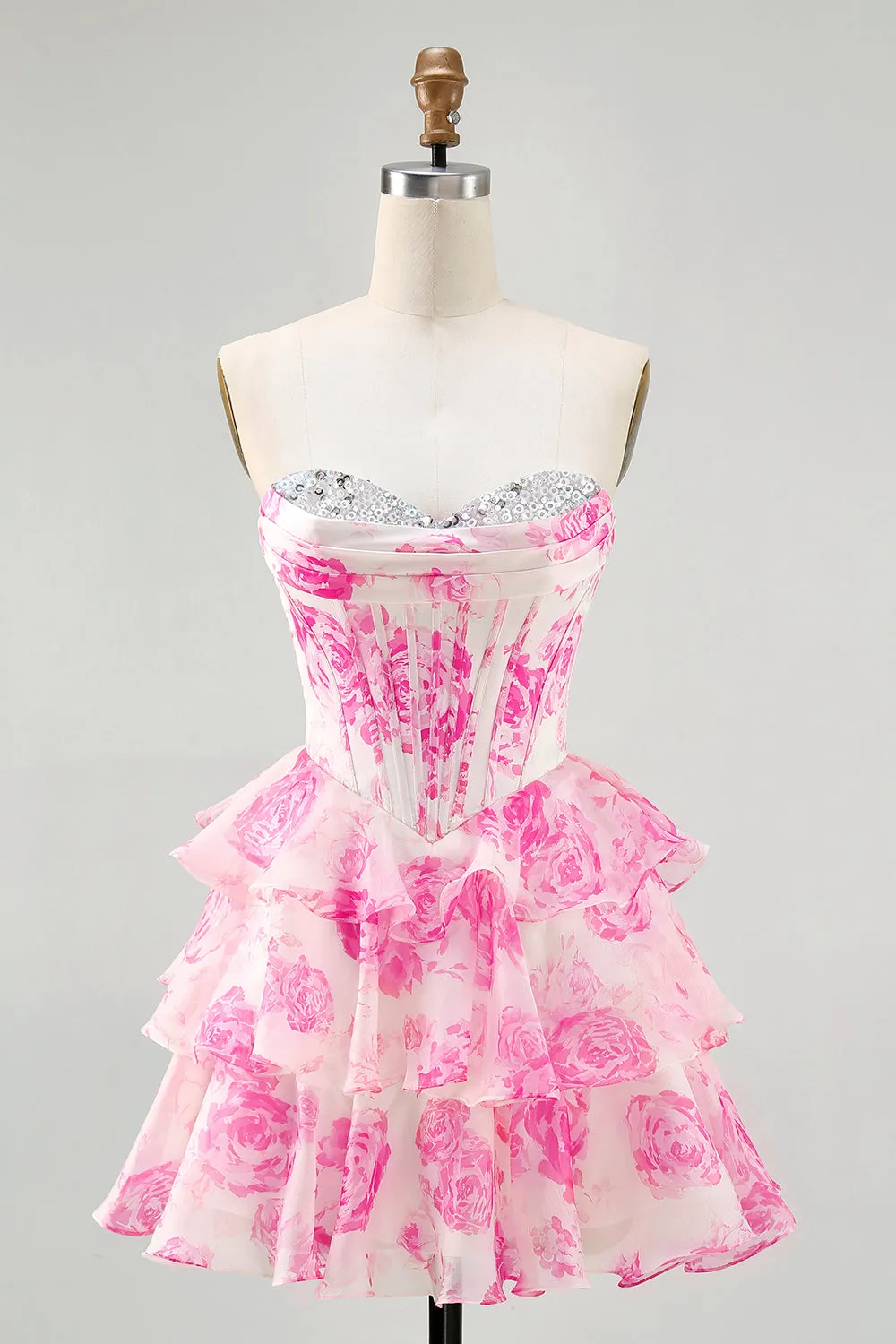 Pink Flower Strapless Corset Printed Homecoming Dress with Sequins sold by Zapaka