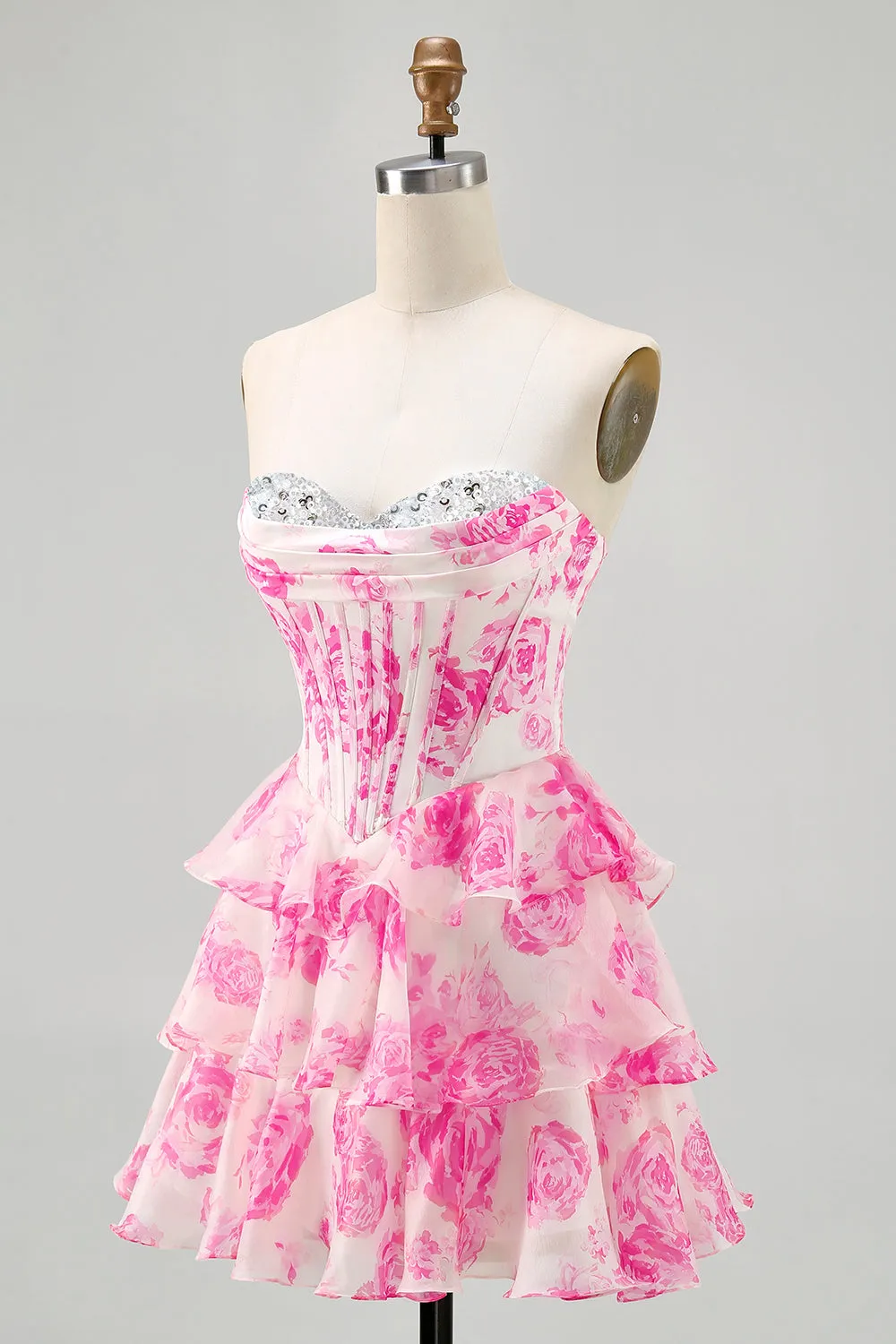 Pink Flower Strapless Corset Printed Homecoming Dress with Sequins sold by Zapaka product image thumbnail 3