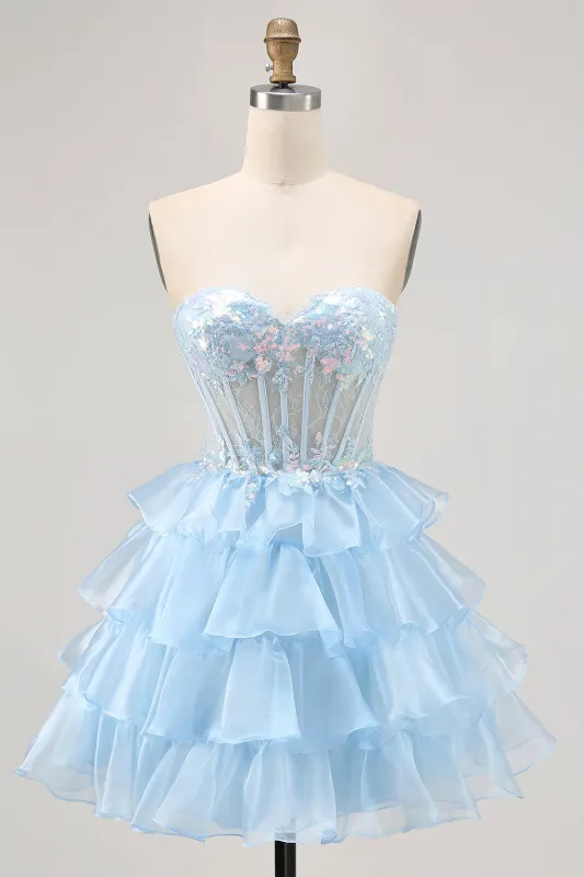 Tiered Sequin Blue Strapless Corset Homecoming Dress sold by Zapaka