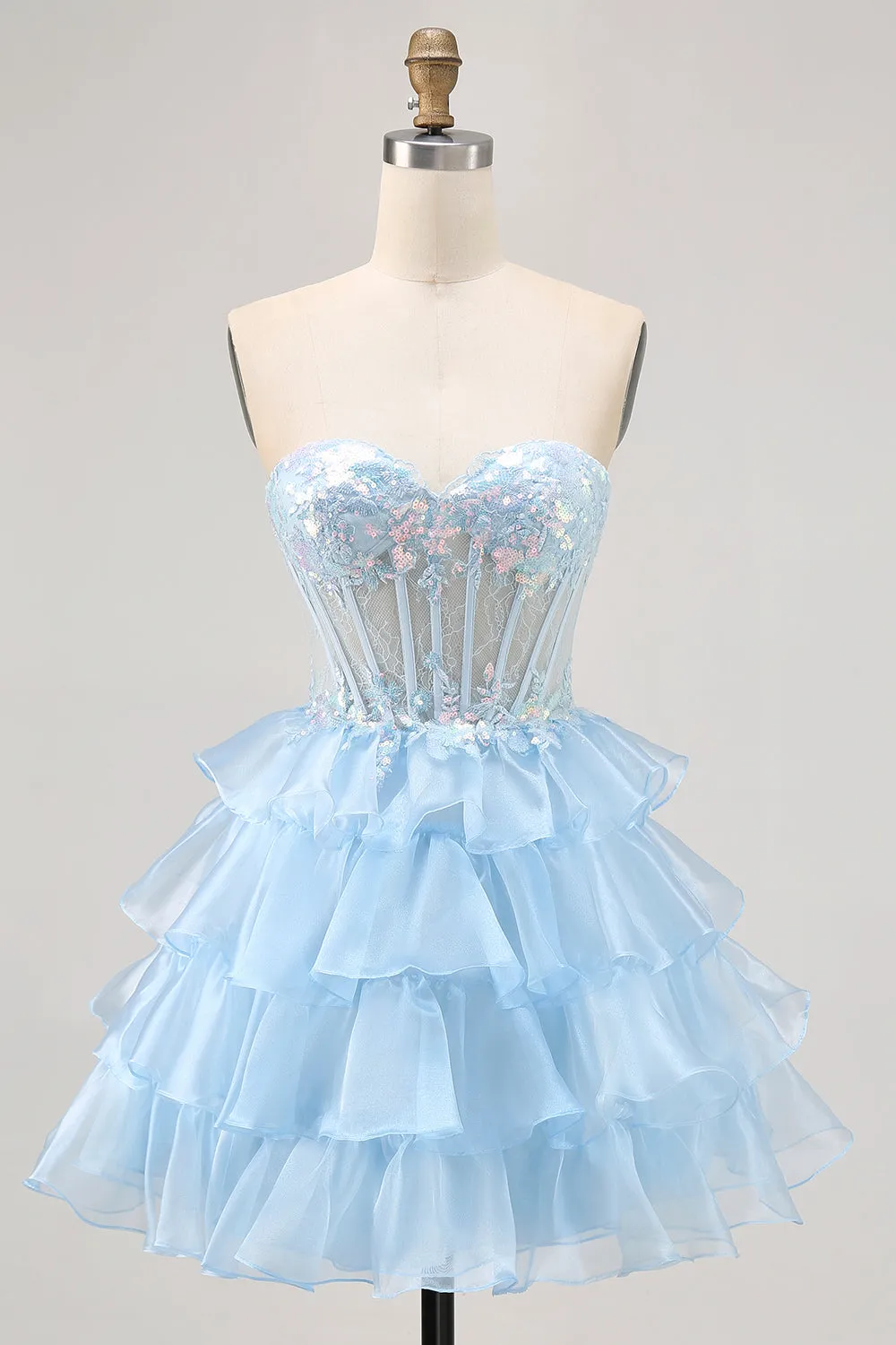 Tiered Sequin Blue Strapless Corset Homecoming Dress sold by Zapaka