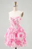 A-Line Strapless Corset Tiered Fuchsia Floral Short Homecoming Dress sold by Zapaka