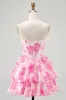 A-Line Strapless Corset Tiered Fuchsia Floral Short Homecoming Dress sold by Zapaka