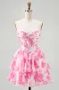 A-Line Strapless Corset Tiered Fuchsia Floral Short Homecoming Dress sold by Zapaka