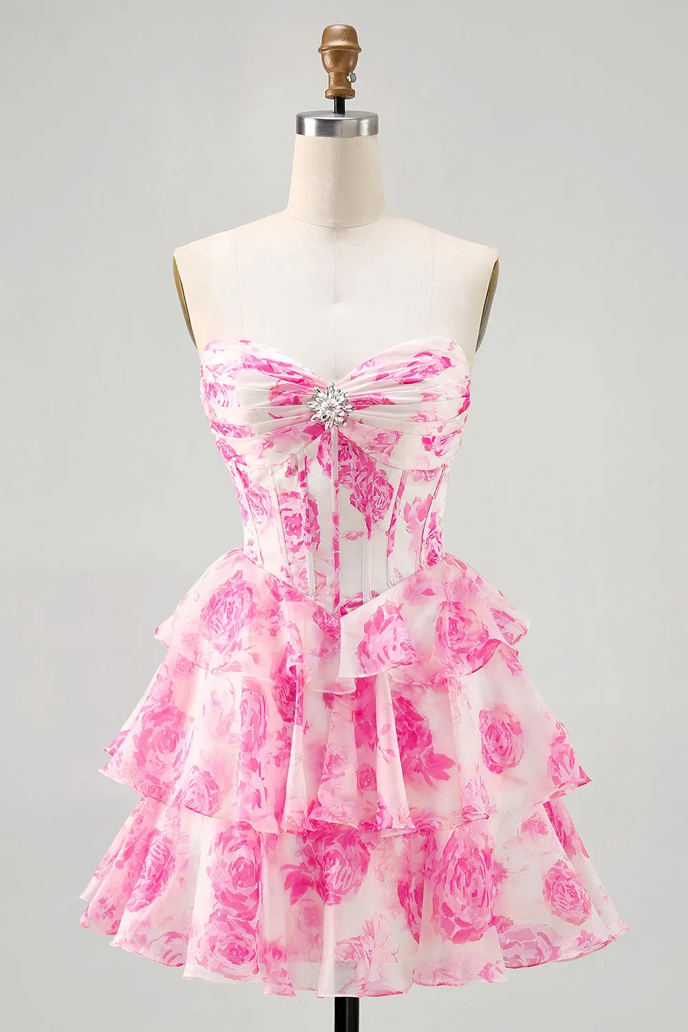 A-Line Strapless Corset Tiered Fuchsia Floral Short Homecoming Dress sold by Zapaka