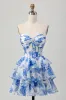 A-Line Strapless Corset Tiered Fuchsia Floral Short Homecoming Dress sold by Zapaka