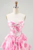 A-Line Strapless Corset Tiered Fuchsia Floral Short Homecoming Dress sold by Zapaka