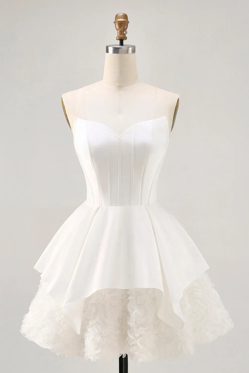 White Satin Strapless Corset A Line Short Homecoming Dress sold by Zapaka
