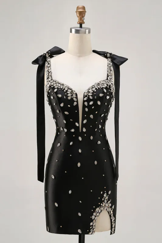 Sparkly Black Tight Rhinestones Short Homecoming Dress with Slit sold by Zapaka